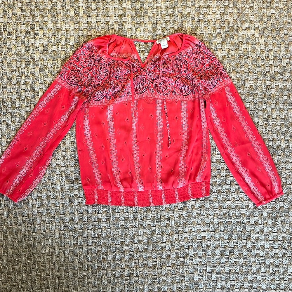 Lucky Brand Tie Neck Smocked Keyhole Top Size Medium